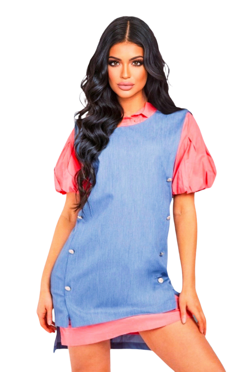 Puff Sleeve 2 In 1 Shirt Dress Outfit