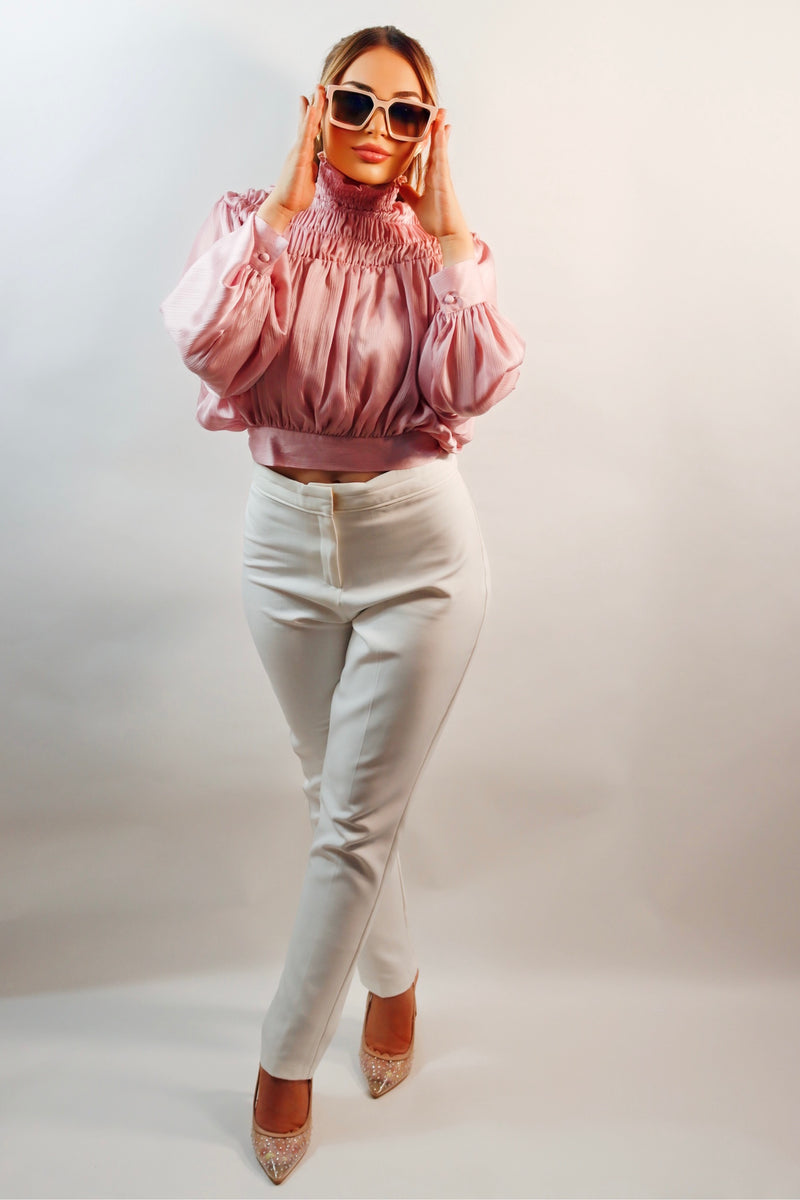 Amara Balloon Sleeve Tie Back Blouse (Dusty Pink) – FashionBaw™